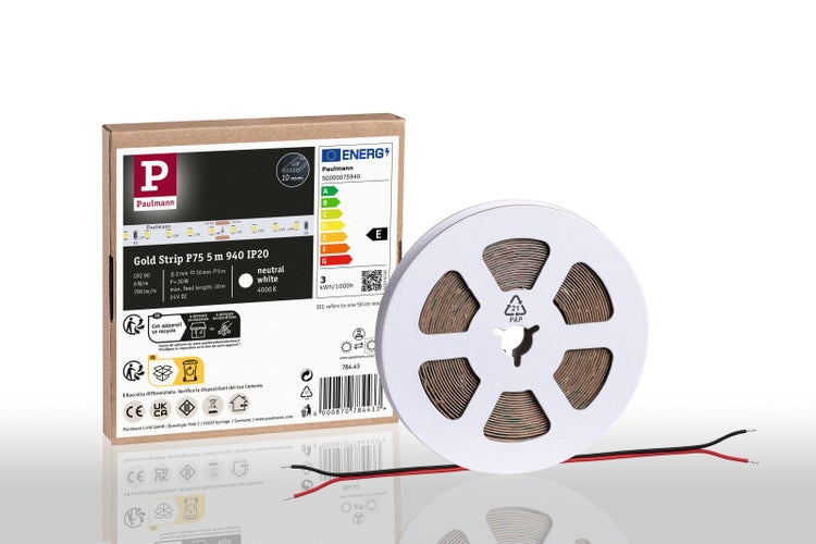 Paulmann LED-Streifen Gold Strip P75, 5 Meter lang, neutralweiß, IP20, mit Verpackung, Energieetikett Klasse E und Paulmann Logo.