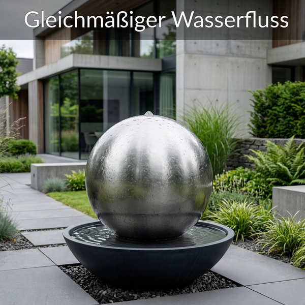 Moderner Gartenbrunnen mit Edelstahlkugel und dunkler Schale, gleichmäßiger Wasserfluss über die Kugeloberfläche in einem modernen Garten.