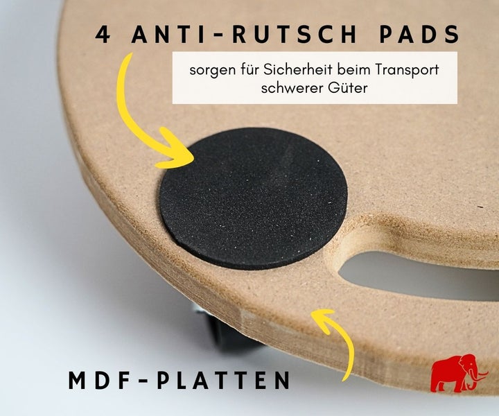 Transportroller aus MDF mit vier Anti-Rutsch-Pads für den sicheren Transport schwerer Güter. Hornbach Logo.
