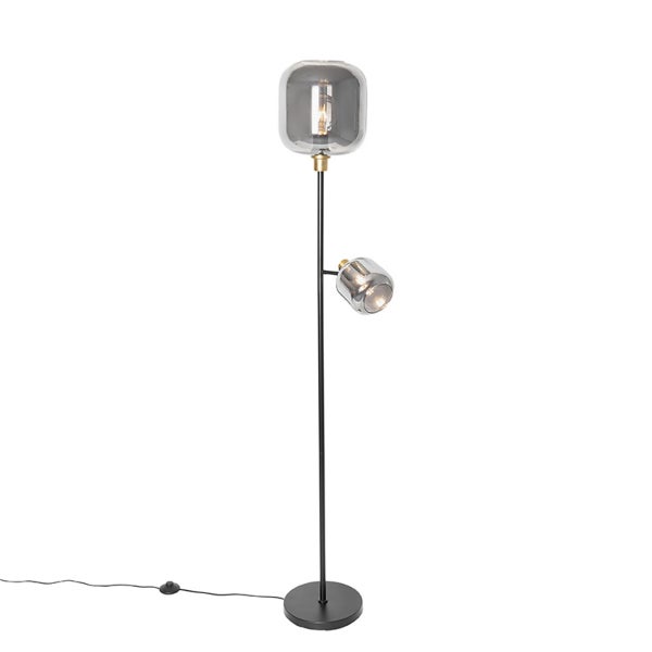 Zweiflammige Stehleuchte aus schwarzem Metall mit rauchfarbenen Glasschirmen und goldfarbenen Akzenten.