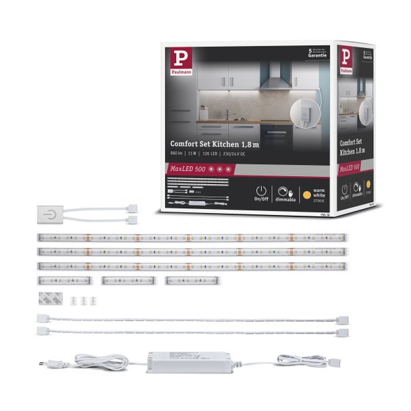 MaxLED 500 LED Strip Basisset Küchenset 3x 1,8m beschichtet 3x3,1W / 3x0,6W 172lm/m 2700K 20VA