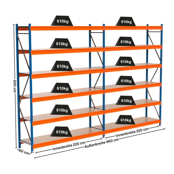 Lagerregal mit Traglastinformationen und Abmessungen