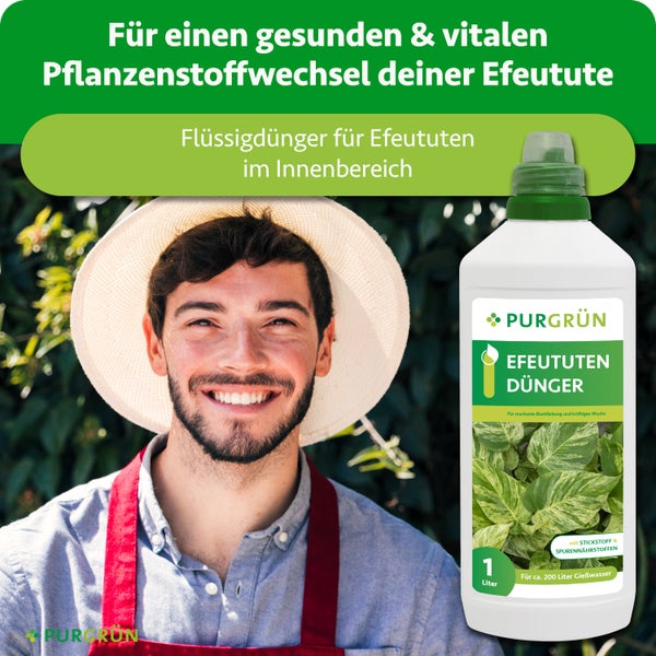 Purgrün Efeututen Dünger, ein Liter Flüssigdünger für Zimmerpflanzen, präsentiert von einem lächelnden Gärtner mit Strohhut.