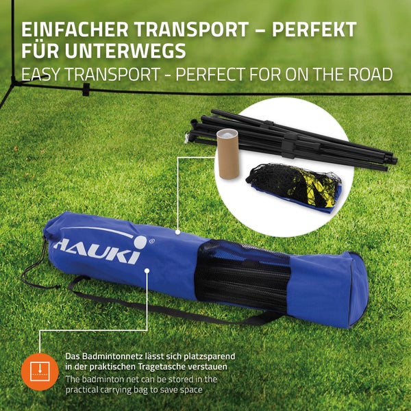 Hauki Badminton Netz, Tennisnetz 500cm, Blau, H156cm, Federballnetz Set inkl. 3x Federball, Transporttasche, stabilem Eisen-Gestell, Tragbares Volleyballnetz, Trainingsnetz Indoor & Outdoor, Garten