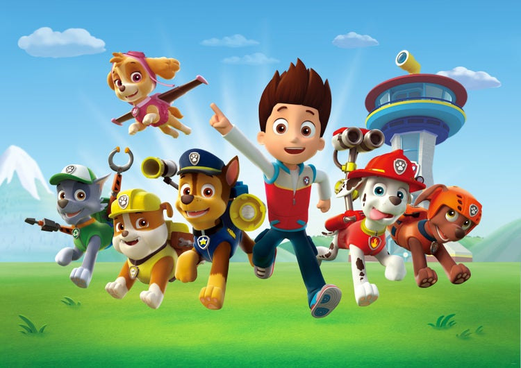 Illustration von Ryder und den Paw Patrol Welpen vor dem Kontrollturm