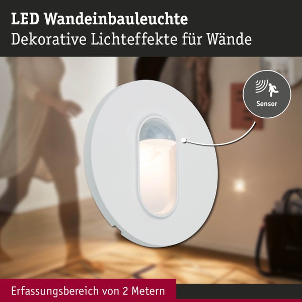 Runde LED Wandeinbauleuchte in Weiß mit integriertem Bewegungssensor und einem Erfassungsbereich von 2 Metern.