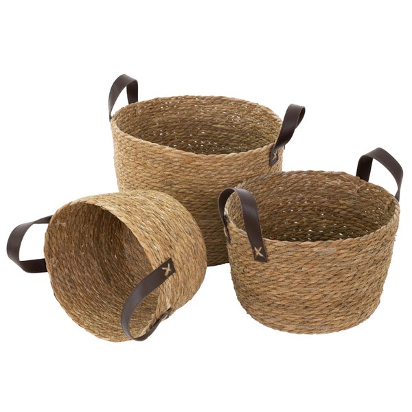 ECD Germany 3er Set Korb mit Griffen, Dekokorb aus Wasserhyazinthe, Ø 24/28/32, Braun, Stapelbar, Pflanzenübertopf, Wäschekorb, Deko-Aufbewahrungskorb, Aufbewahrungskorb, Regalkorb, Mehrzweckkorb