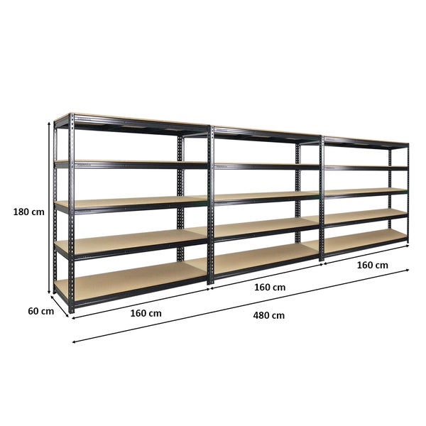 PROREGAL Mega Deal 3x Profi Schwerlastregal Bison HxBxT 200 x 180 x 60 cm 5 Fachböden Fachlast 600 kg Schwarz