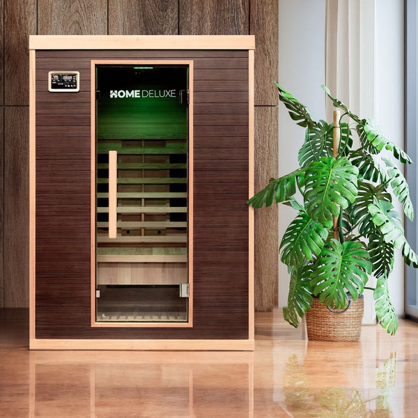 Home Deluxe – Infrarotkabine – MORENO - M – 135 x 105 x 190 cm - für 2 Personen, 5 Vollspektrumstrahler – Holz: Hemlocktanne I Infrarotsauna, Sauna, Wärmekabine, Infrarot
