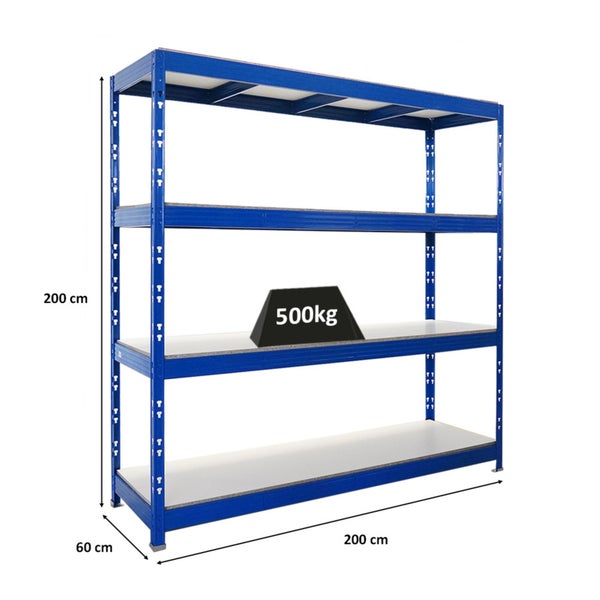 Blaues Schwerlastregal mit vier Ebenen und den Maßen 200 cm Höhe, 200 cm Länge und 60 cm Tiefe.