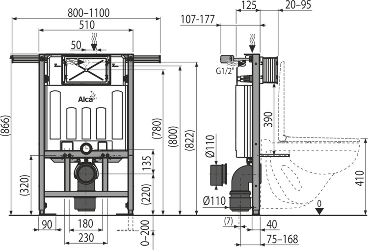 Technische Zeichnung eines Vorwandelements für WCs mit detaillierten Maßangaben in Millimeter für Frontansicht und Seitenansicht.