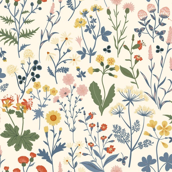 Tapete mit einem Muster aus verschiedenen Wildblumen und Pflanzen im illustrierten Stil.