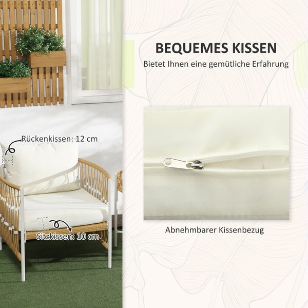 Outsunny 3er Set Rattan Gartenmöbel-Set, Gartengarnitur mit 2 Gartenstühle, Couchtisch, Balkonmöbel-Set mit Kissen, für Balkon, Terrasse, Gelb+Creme