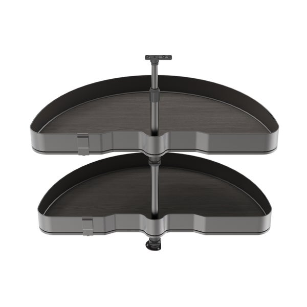Zweistöckiger halbrunder Eckschrank-Schwenkauszug mit Boden aus Holzwerkstoff und Metallreling.