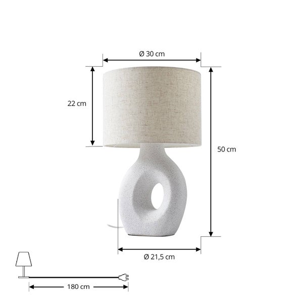 Abbildung einer Tischleuchte mit den Maßen Höhe 50 cm, Lampenschirmdurchmesser 30 cm, Fußdurchmesser 21,5 cm und Kabellänge 180 cm