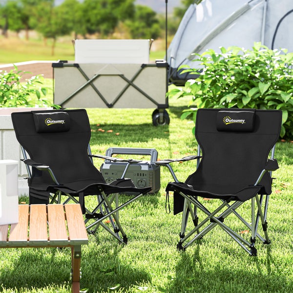 Outsunny 2er Set Campingstuhl faltbar Angelstuhl mit abnehmbar Fußstütze Kopfstütze Getränkehalter Gartenstuhl belastbar 120 kg Liegestuhl für Erwachsene Klappstuhl Campingstühle Strandstuhl