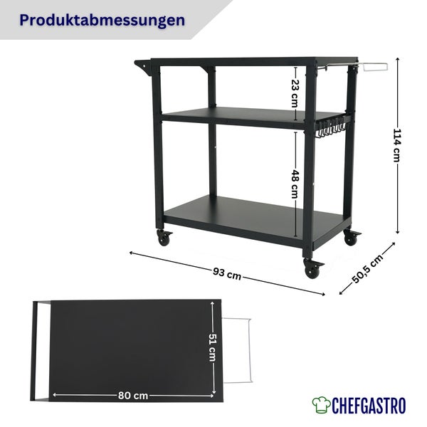 ChefGastro Servierwagen mit Maßen: 93 Zentimeter Länge, 50,5 Zentimeter Breite, 114 Zentimeter Höhe. Drei Ablagen auf Rollen. ChefGastro Logo.