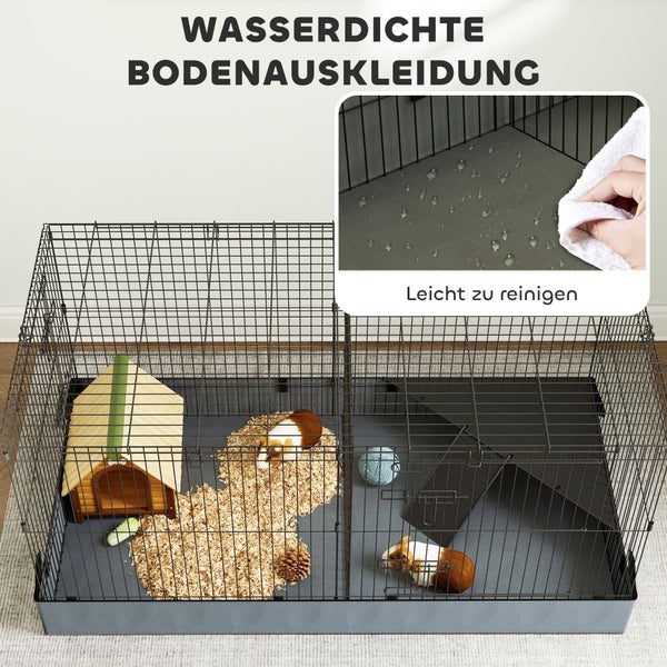 PawHut Kleintierkäfig, Kleintierstall mit Rampe, Trennwand, Nagerkäfig mit abnehmbarem Verdeck, Stoffboden, Kaninchenkäfig für Kleintiere Stahl Schwarz