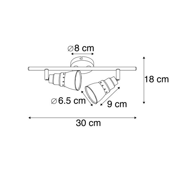 Zeichnung einer Deckenleuchte mit zwei Strahlern und Maßangaben