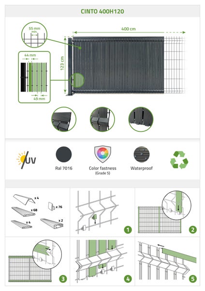 CINTO 400H120 Sichtschutzstreifen mit Maßangaben, UV-beständig, wasserfest, Farbechtheit Grad 5 und Montageanleitung