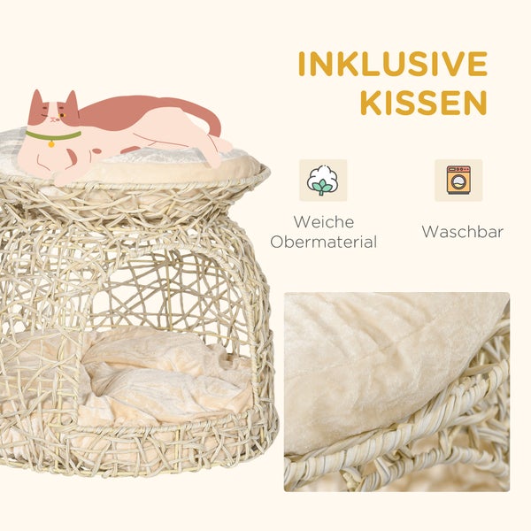 PawHut Katzenhaus aus Rattan, 42 x 42 x 40 cm, PE Rattan, Beige