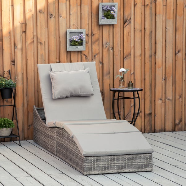 Outsunny Sonnenliege, 2-in-1 Polyrattan Gartenliege mit Polsterauflage, 5 Stufen verstellbar, klappbar,  200 x 60 x 40 cm, Stahl, PE Rattan, Polyester, Hellgrau