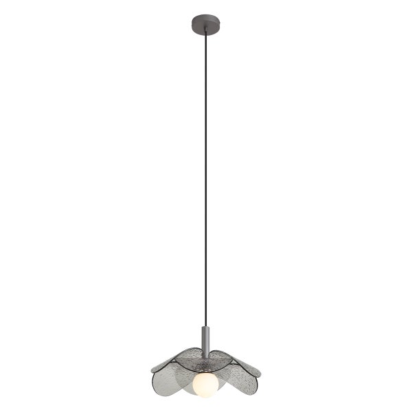 Moderne Pendelleuchte mit blütenförmigem Schirm aus strukturiertem Glas und kugelförmigem Leuchtmittel
