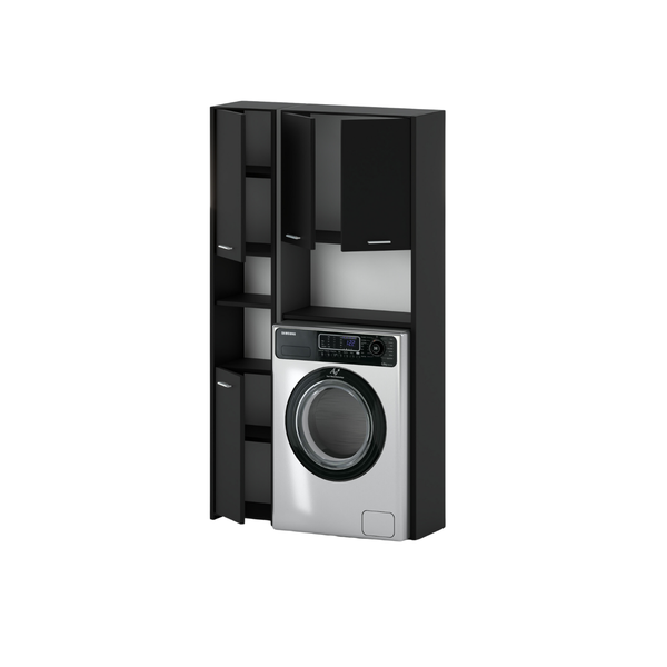 Waschmaschine eingebaut in einen Waschmaschinenschrank mit Regalen und Schrankfächern.