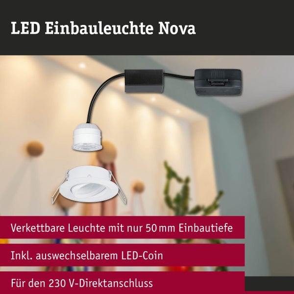 LED Einbauleuchte Nova mit austauschbarem LED-Coin, 50 Millimeter Einbautiefe und 230 Volt Direktanschluss.