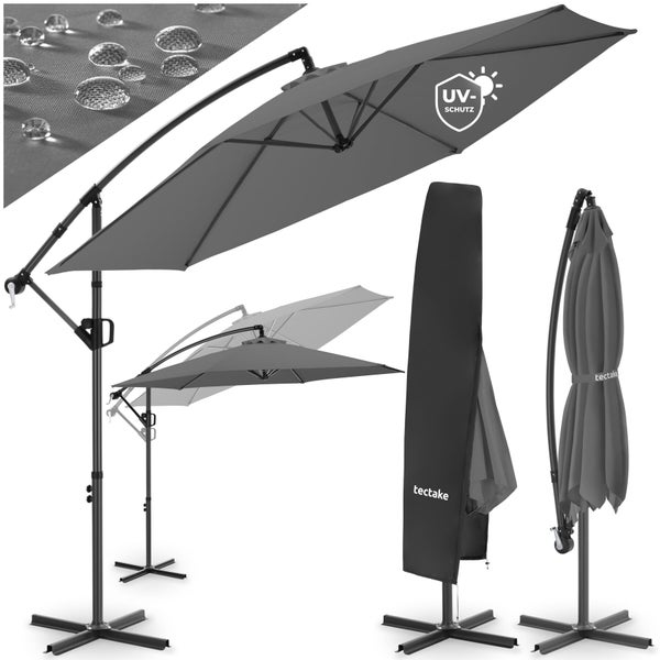 Großer Ampelschirm mit UV-Schutz, wasserabweisendem Stoff, neigbar, inklusive Schutzhülle mit tectake Logo und Kreuzfußständer.