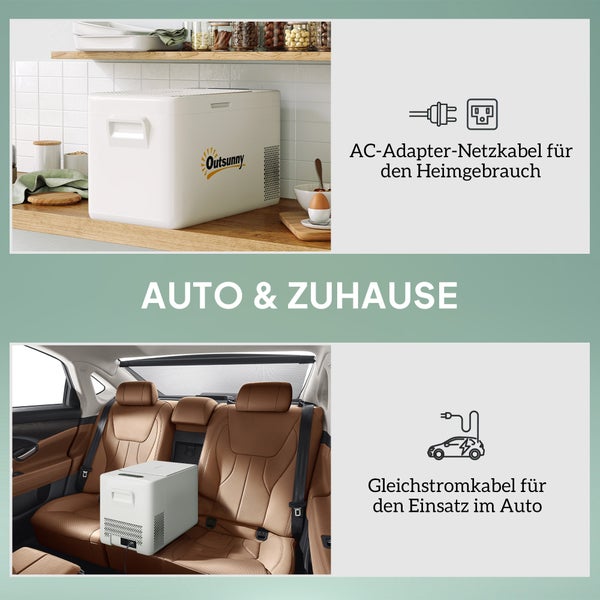 Outsunny 22 Liter Kompressor Kühlbox elektrische Kühlbox mit LED ECO-Modus Anschluss Kühlhaltefunktion leise Gefrierbox Thermobox Mini Kühlschrank 12/220 Volt für Auto Steckdose Camping Cremeweiß