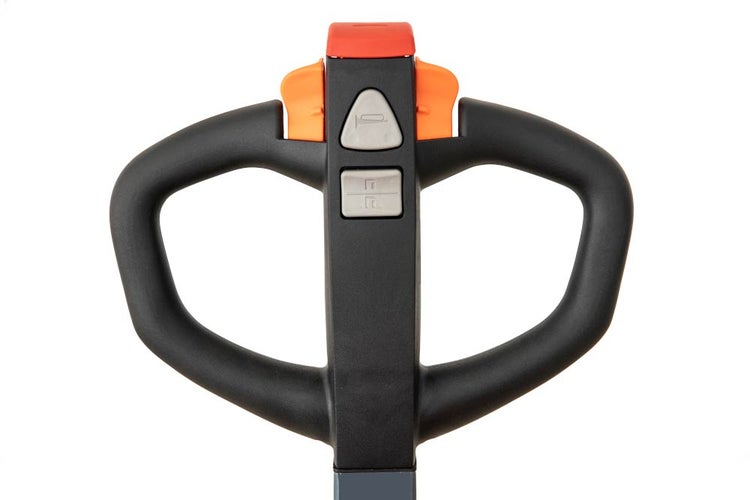 Ergonomischer Deichselgriff eines elektrischen Hubwagens mit Bedienelementen für Hupe, Heben und Senken sowie Fahrschaltern.