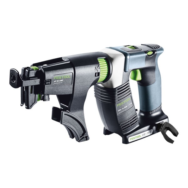 Festool Akku-Trockenbauschrauber DuraDrive DWC 18-4500 mit Magazinvorsatz AF 55-DWC für effiziente Schraubarbeiten im Trockenbau.