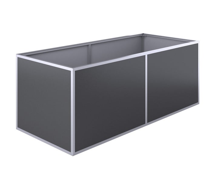 Rechteckiges Hochbeet mit Aluminiumrahmen und dunklen Paneelen.
