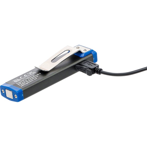 Kompakte wiederaufladbare LED-Inspektionsleuchte mit Metallclip, Magnet, USB-Ladekabel und CE-Kennzeichnung.