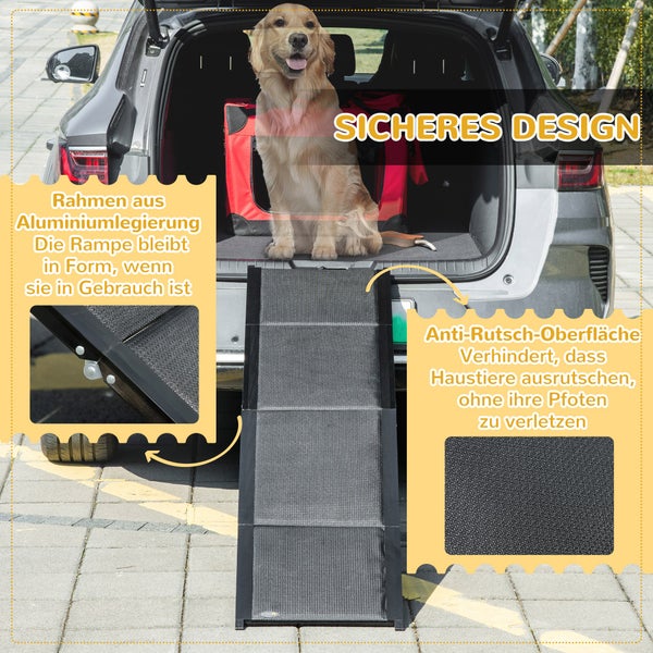 PawHut Haustierrampe Klappbare Hunderampe Autorampe, Hundeeinstiegshilfe aus Alu, Rutschfeste Kofferraumrampe für Autos, SUV und LKWs, bis 40 kg, 158 x 43,5 cm