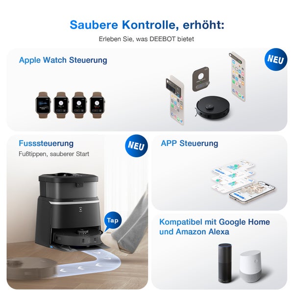 Deebot Saugroboter mit Steuerungsmöglichkeiten über Apple Watch, App und Fußsteuerung