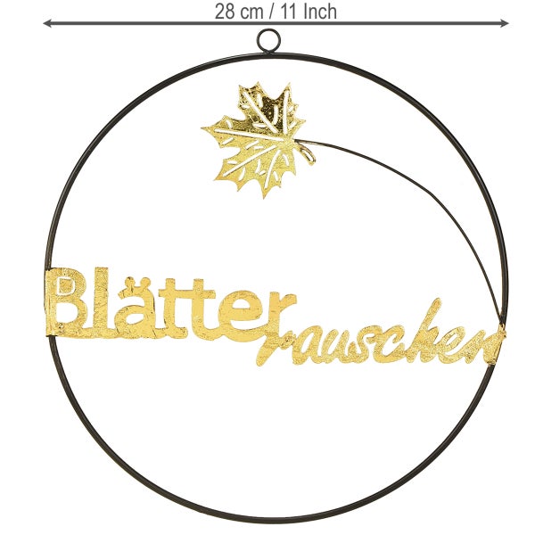 Dekorativer Blätterrauschen-Wandschmuck mit Blattmotiv in einem Metallrahmen, circa 28 Zentimeter Durchmesser