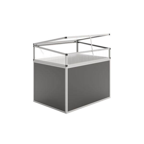 Hochbeet mit Frühbeetaufsatz, Aluminiumrahmen und Platten aus Polycarbonat, aufklappbarer Deckel mit Feststeller.