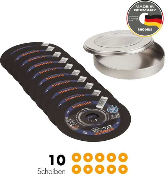 RHODIUS Trennscheibe XT67, 10 Stück, 125 x 1,0 x 22,23 mm für Stahl, Metall, PROline