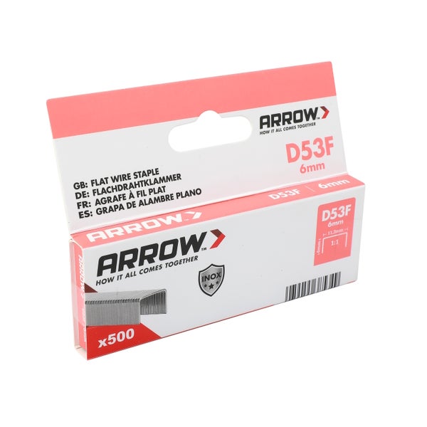 Arrow Flachdrahtklammern D53F aus rostfreiem Stahl, 6 Millimeter, 500 Stück.