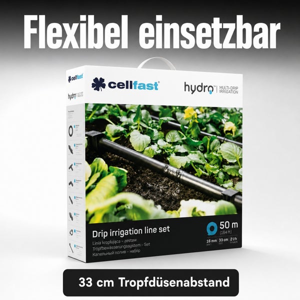 Cellfast Hydro Tropfbewässerungsset mit 50 Meter Schlauch und 33 Zentimeter Düsenabstand in der Produktverpackung