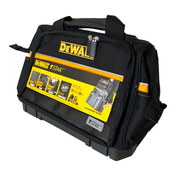 DeWalt TSTAK Werkzeugtasche aus robustem Gewebe mit wasserdichtem Kunststoffboden, Reißverschluss und Tragegriff.
