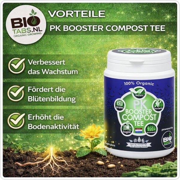 Biotabs PK Booster Compost Tee organischer Dünger. Verbessert Wachstum, fördert Blütenbildung und erhöht Bodenaktivität. Bio Tabs Logo.