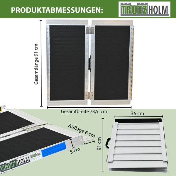 Trutzholm Logo. Aluminiumrampe Abmessungen: Gesamtlänge 91 Zentimeter, Gesamtbreite 73,5 Zentimeter, Breite zusammengeklappt 36 Zentimeter.