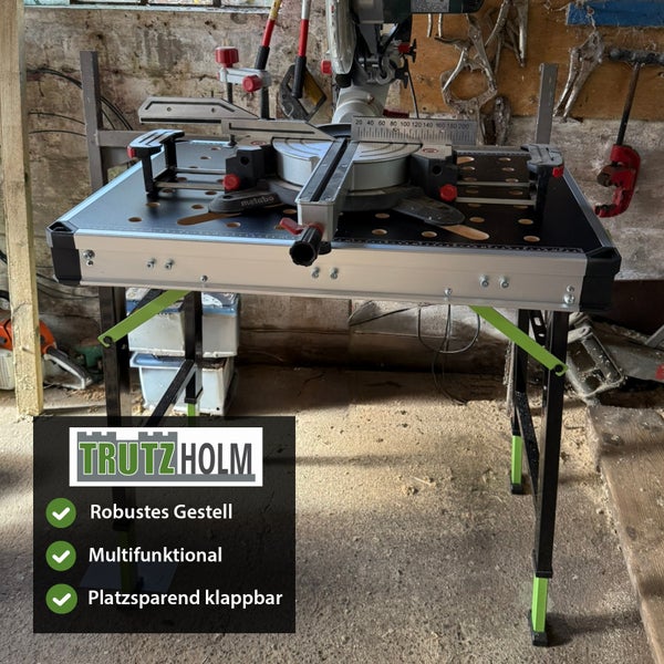 Multifunktionstisch mit Metabo Säge und TrutzHolm Logo