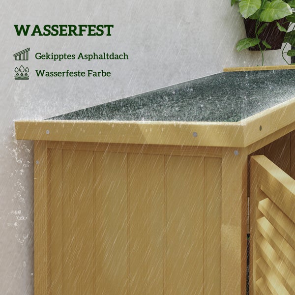 Gartenschrank aus Holz mit wasserfestem geneigtem Asphaltdach und wasserfester Farbe bei Regen.