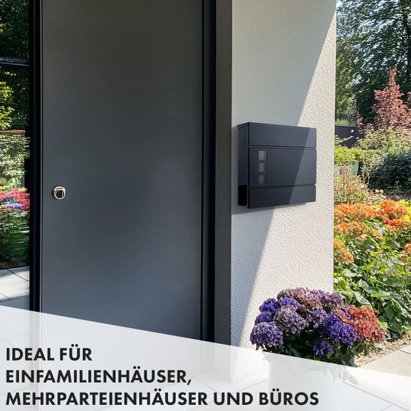 FLOORDIREKT Briefkasten Jules - Stahl Wandbriefkasten mit Zeitungsfach und Sichtfenster Anthrazit