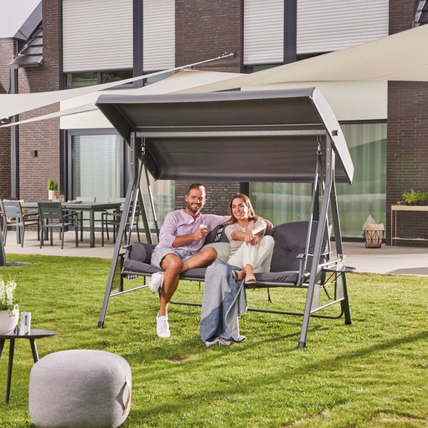 Home Deluxe - Hollywoodschaukel DESCANSO Grau - 3-Sitzer, B/H/L 115cm x 195cm x 198cm, inkl. Getränkehalter, Sitz- und Rückenkissen I Gartenliege Gartenlounge Schaukelliege