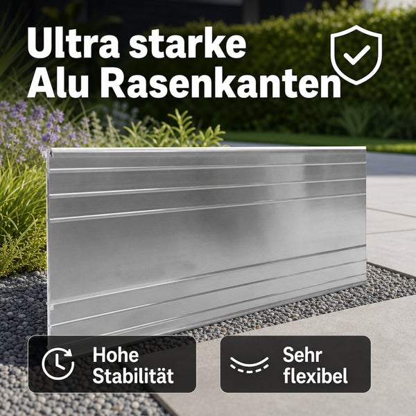 Stabile und flexible Rasenkante aus Aluminium zur Beetbegrenzung im Garten.